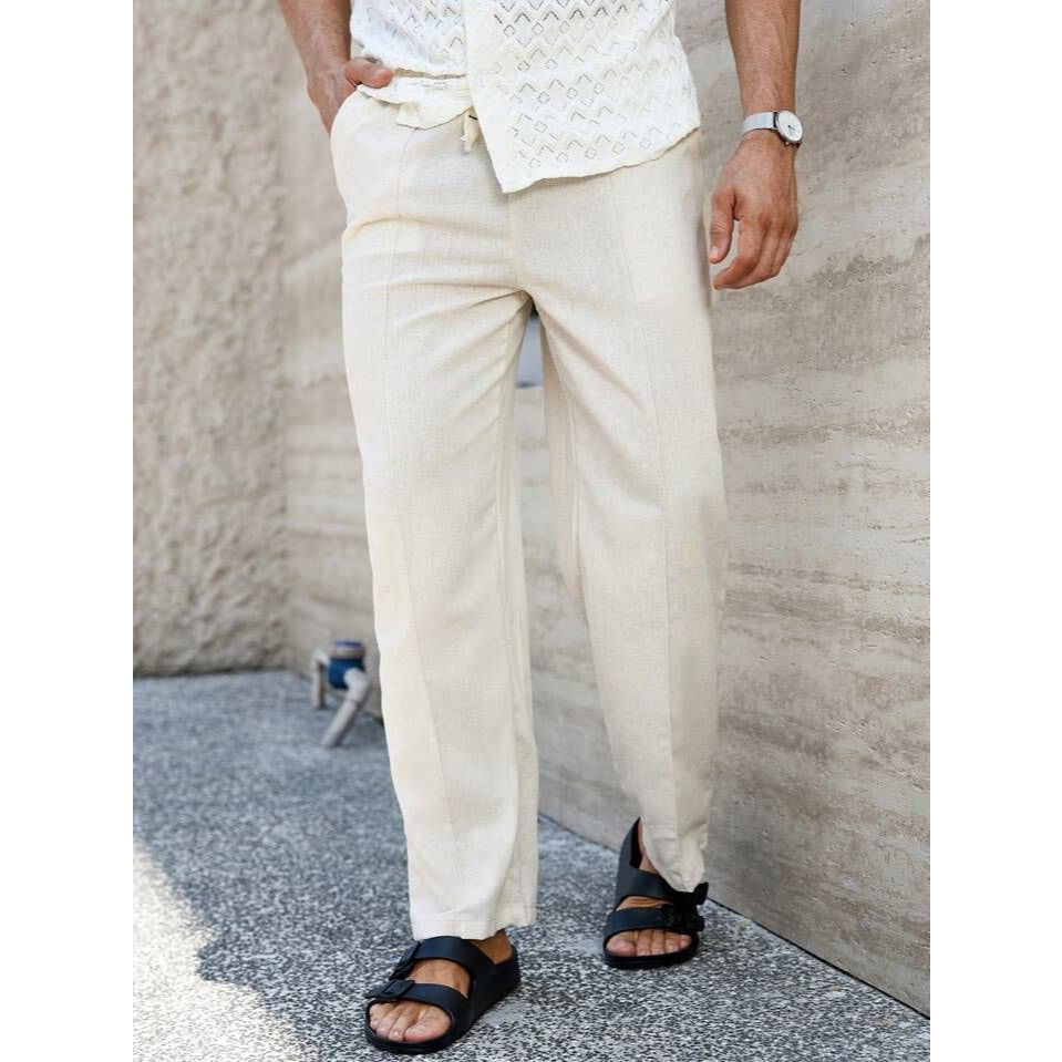 Calça Linho Leve Bege Masculina Praia Cordão Ajustável Premium Alta Qualidade