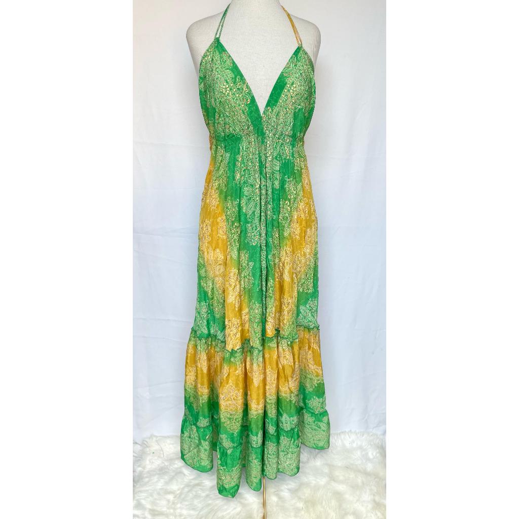 Vestido Longo Seda Indiana Frente Única Costa Nua- Estilo Boho Chic