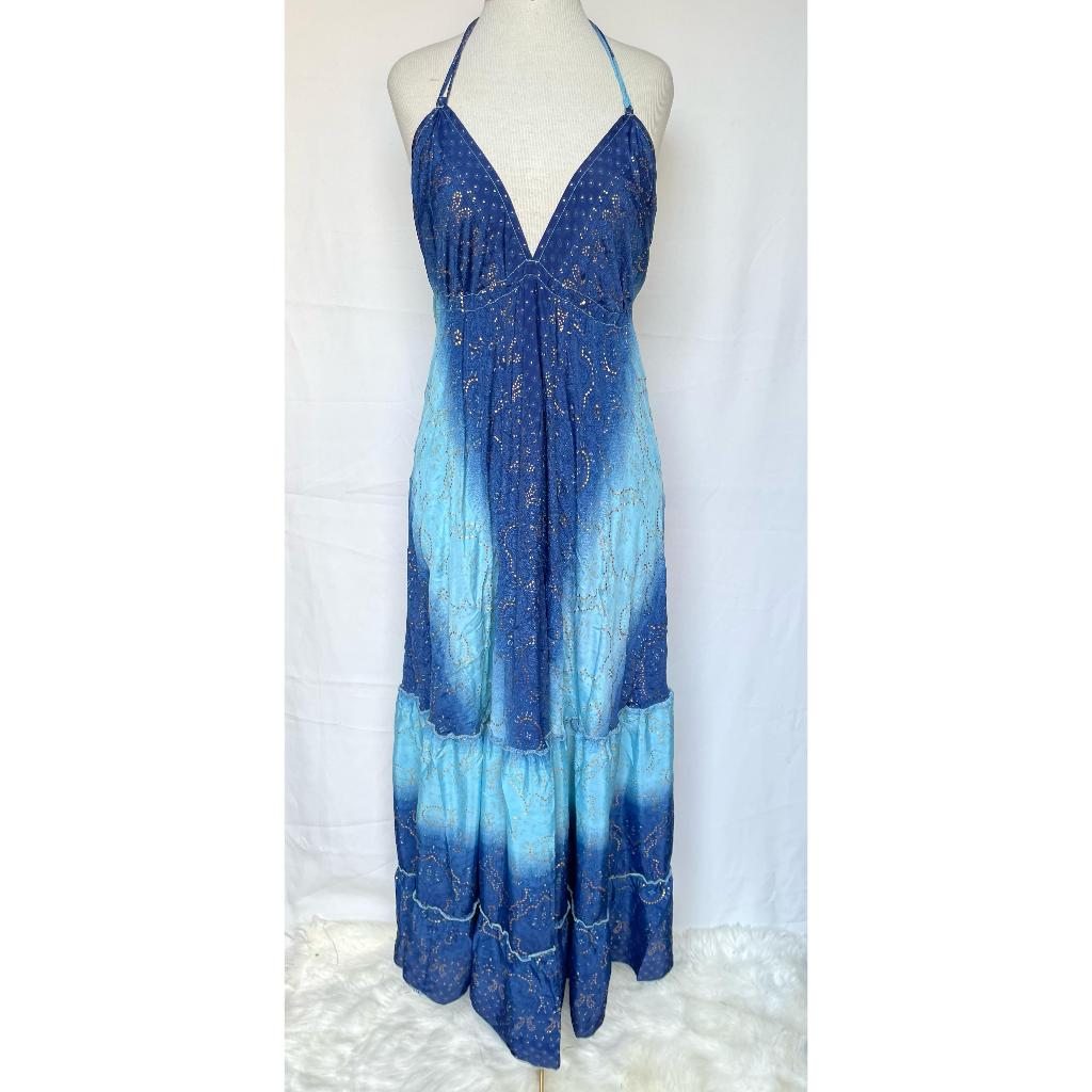 Vestido Longo Seda Indiana Frente Única Costa Nua- Estilo Boho Chic
