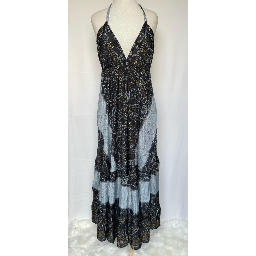 Vestido Longo Seda Indiana Frente Única Costa Nua- Estilo Boho Chic