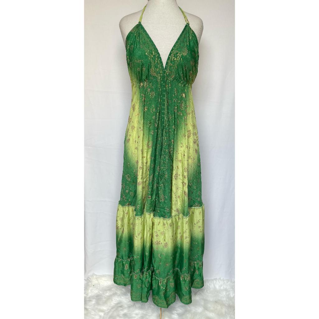 Vestido Longo Seda Indiana Frente Única Costa Nua- Estilo Boho Chic