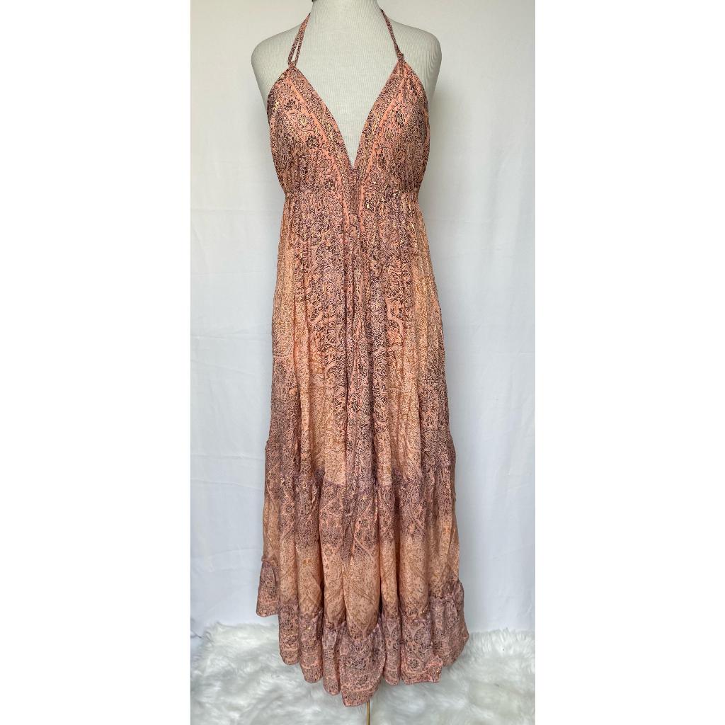 Vestido Longo Seda Indiana Frente Única Costa Nua- Estilo Boho Chic