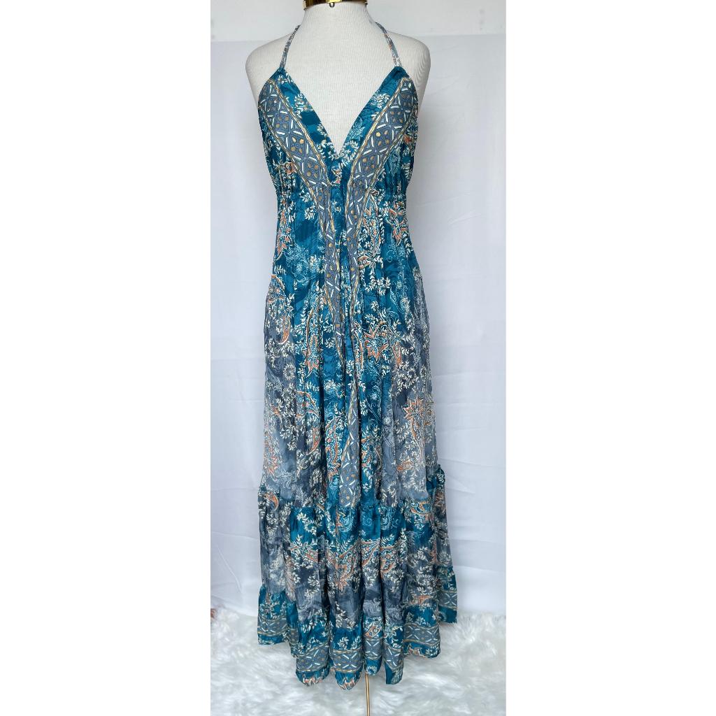 Vestido Longo Seda Indiana Frente Única Costa Nua- Estilo Boho Chic
