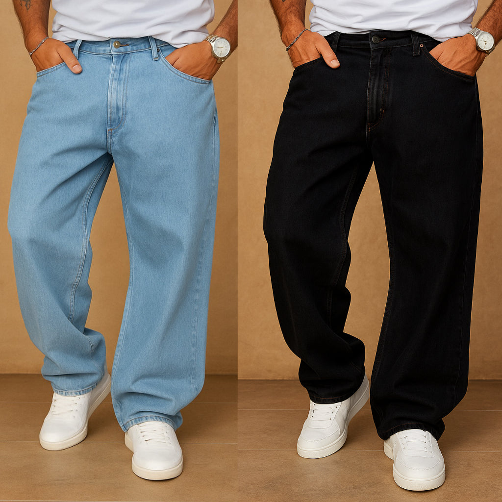 Kit 2 Calças Jeans Reta Balão Larga Moda Masculina Dazzling 100 Algodão Estilo Mandrake
