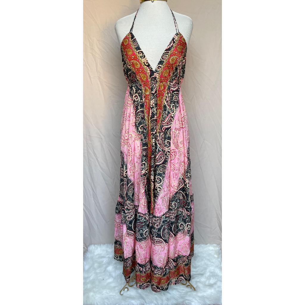 Vestido Longo Seda Indiana Frente Única Costa Nua- Estilo Boho Chic