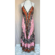 Vestido Longo Seda Indiana Frente Única Costa Nua- Estilo Boho Chic