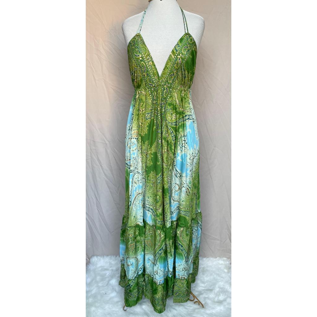 Vestido Longo Seda Indiana Frente Única Costa Nua- Estilo Boho Chic