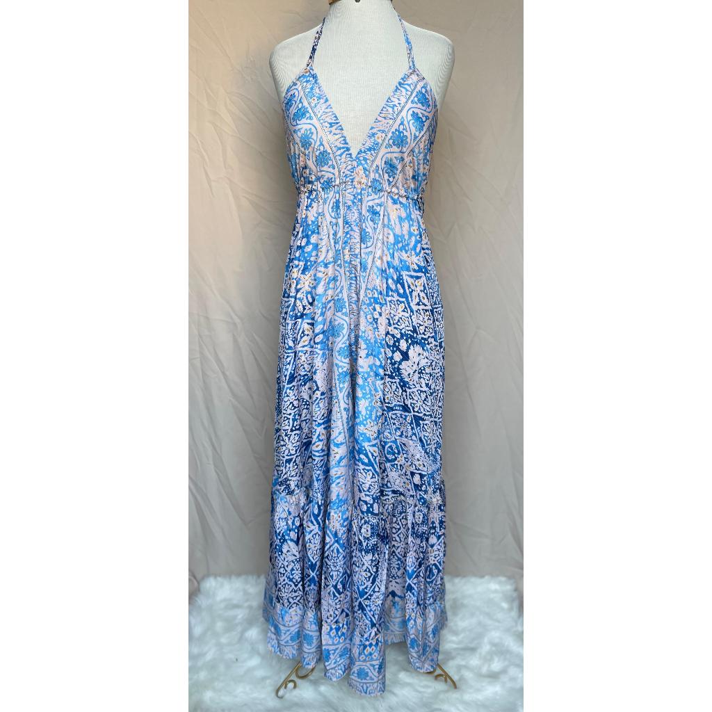 Vestido Longo Seda Indiana Frente Única Costa Nua- Estilo Boho Chic