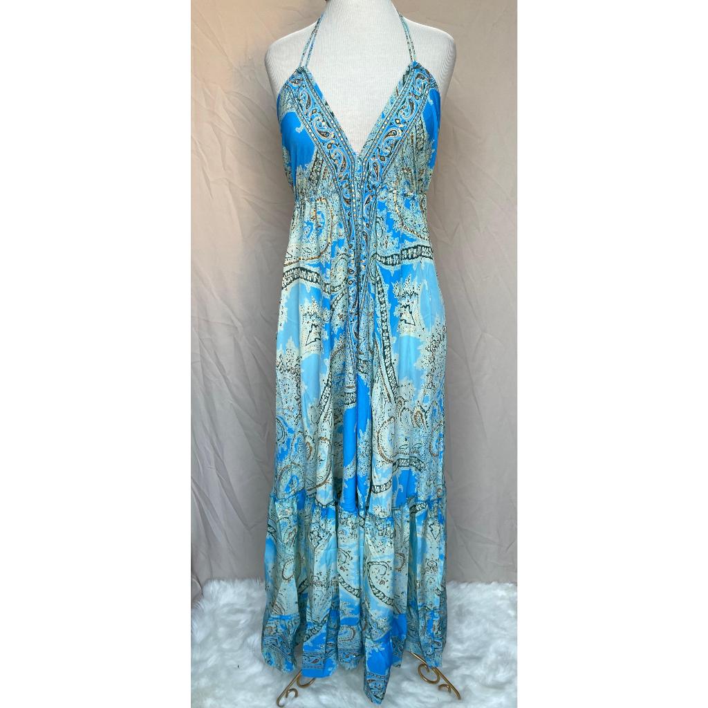 Vestido Longo Seda Indiana Frente Única Costa Nua- Estilo Boho Chic