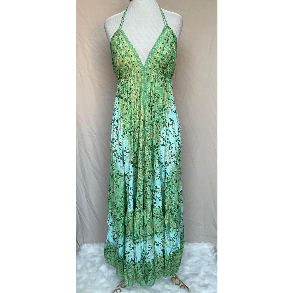 Vestido Longo Seda Indiana Frente Única Costa Nua- Estilo Boho Chic