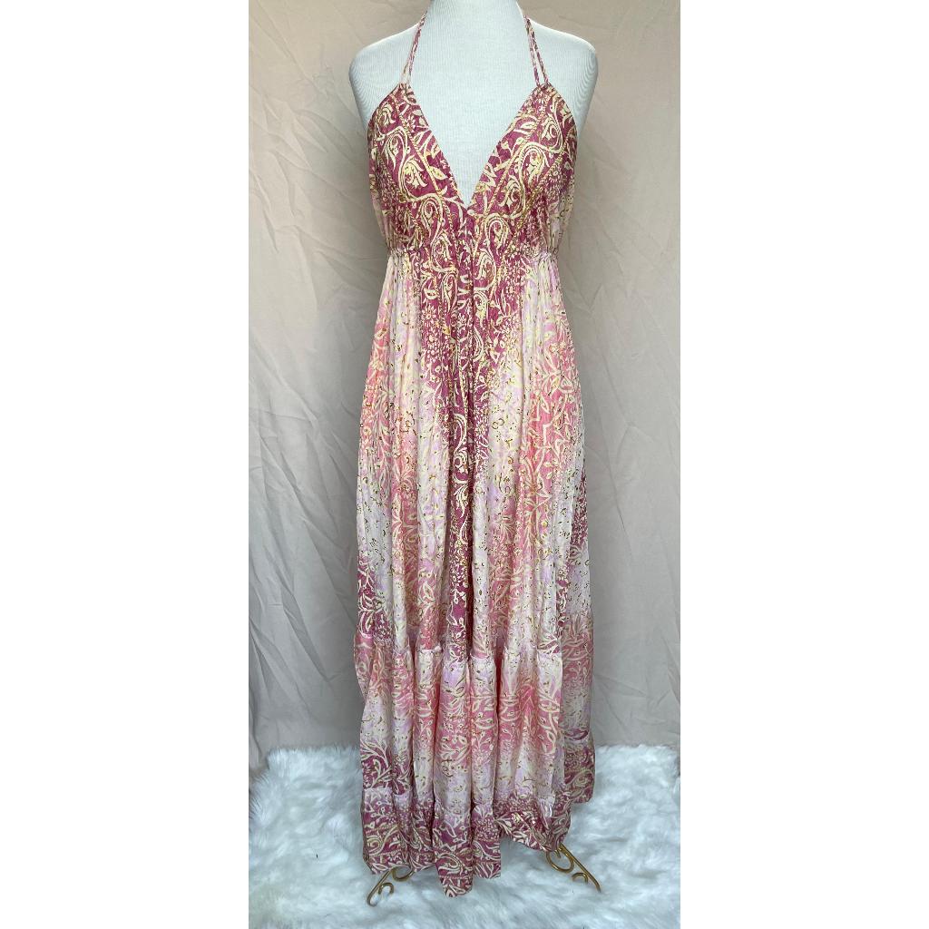 Vestido Longo Seda Indiana Frente Única Costa Nua- Estilo Boho Chic