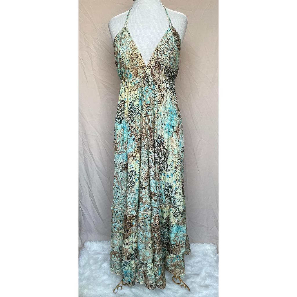 Vestido Longo Seda Indiana Frente Única Costa Nua- Estilo Boho Chic