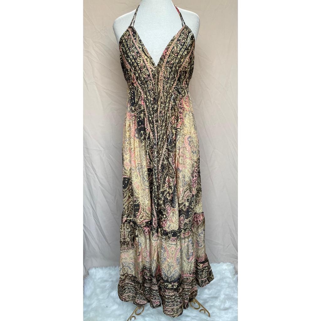 Vestido Longo Seda Indiana Frente Única Costa Nua- Estilo Boho Chic