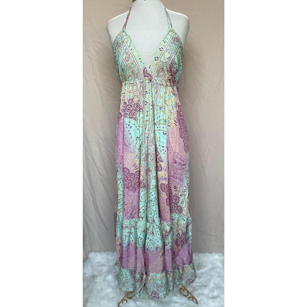 Vestido Longo Seda Indiana Frente Única Costa Nua- Estilo Boho Chic