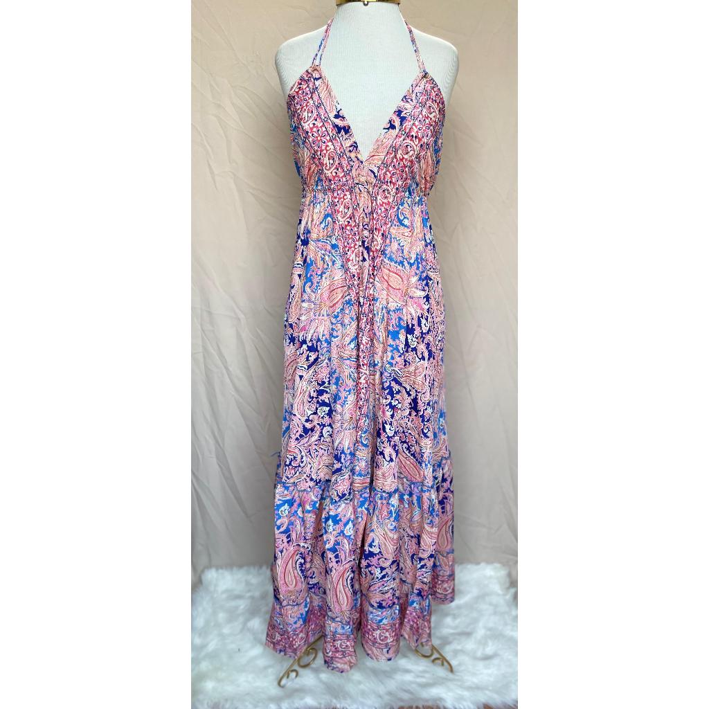 Vestido Longo Seda Indiana Frente Única Costa Nua- Estilo Boho Chic