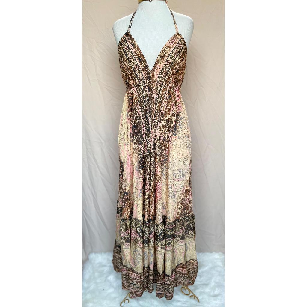 Vestido Longo Seda Indiana Frente Única Costa Nua- Estilo Boho Chic