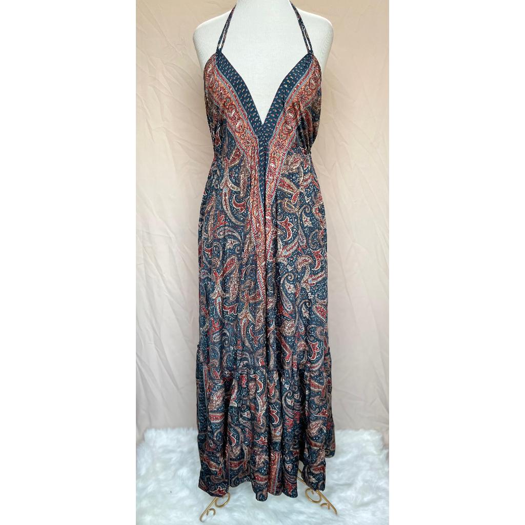 Vestido Longo Seda Indiana Frente Única Costa Nua- Estilo Boho Chic