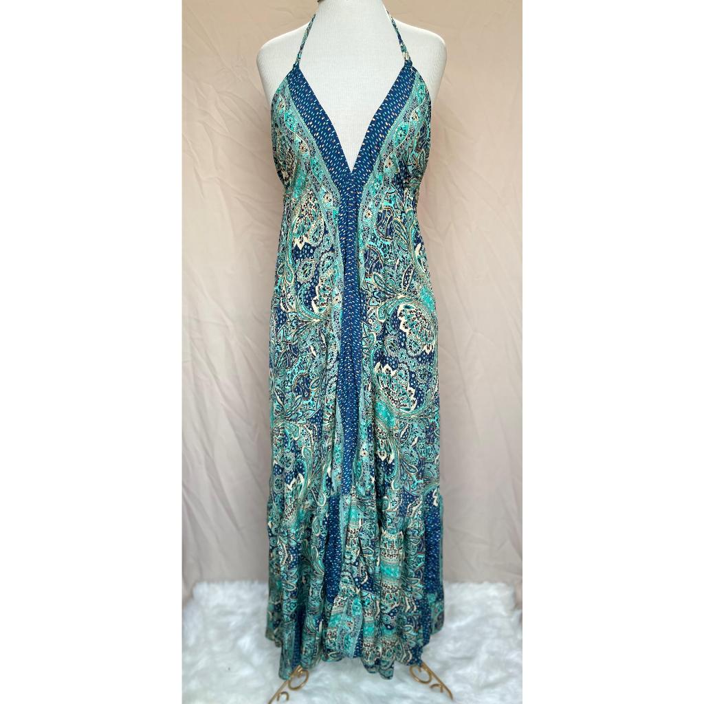 Vestido Longo Seda Indiana Frente Única Costa Nua- Estilo Boho Chic