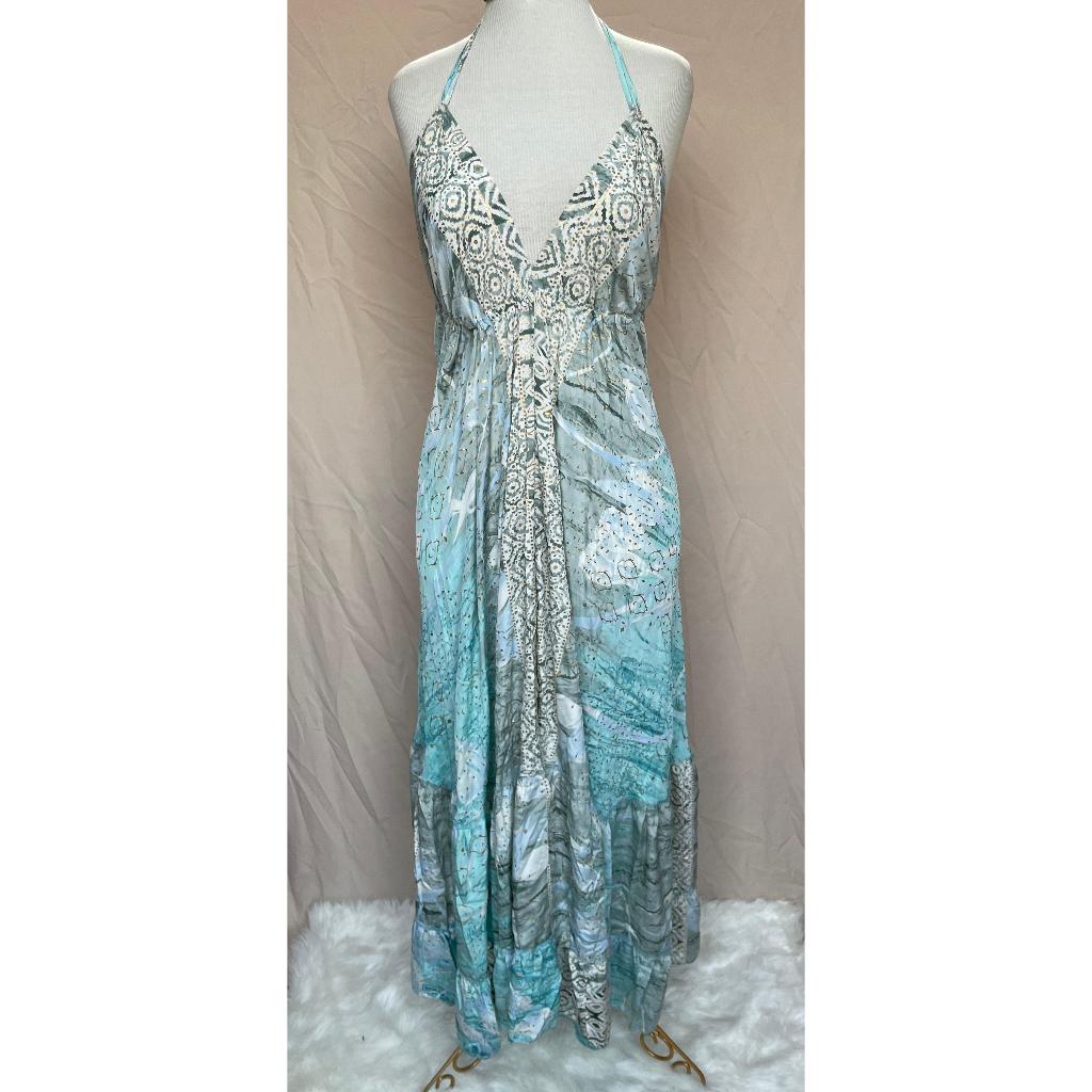 Vestido Longo Seda Indiana Frente Única Costa Nua- Estilo Boho Chic
