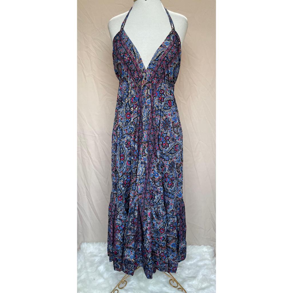 Vestido Longo Seda Indiana Frente Única Costa Nua- Estilo Boho Chic