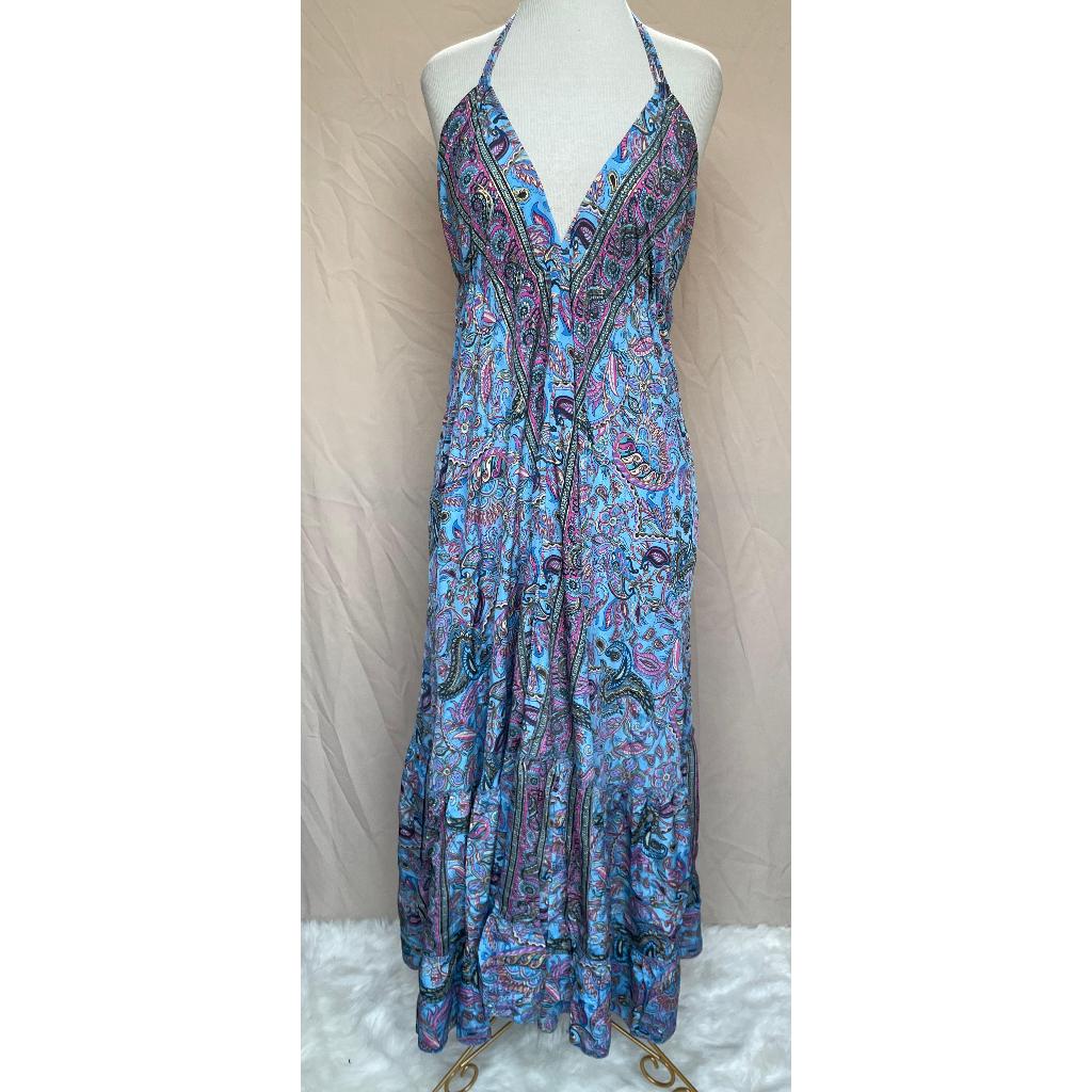 Vestido Longo Seda Indiana Frente Única Costa Nua- Estilo Boho Chic