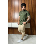 Camisa Social Masculina Manga Curta Gola Padre Aspecto de Linho - Cores Variadas - Confortável