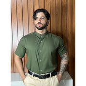 Camisa Social Masculina Manga Curta Gola Padre Aspecto de Linho - Cores Variadas - Confortável