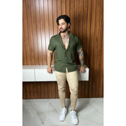 Camisa Social Masculina Manga Curta Gola Padre Aspecto de Linho - Cores Variadas - Confortável