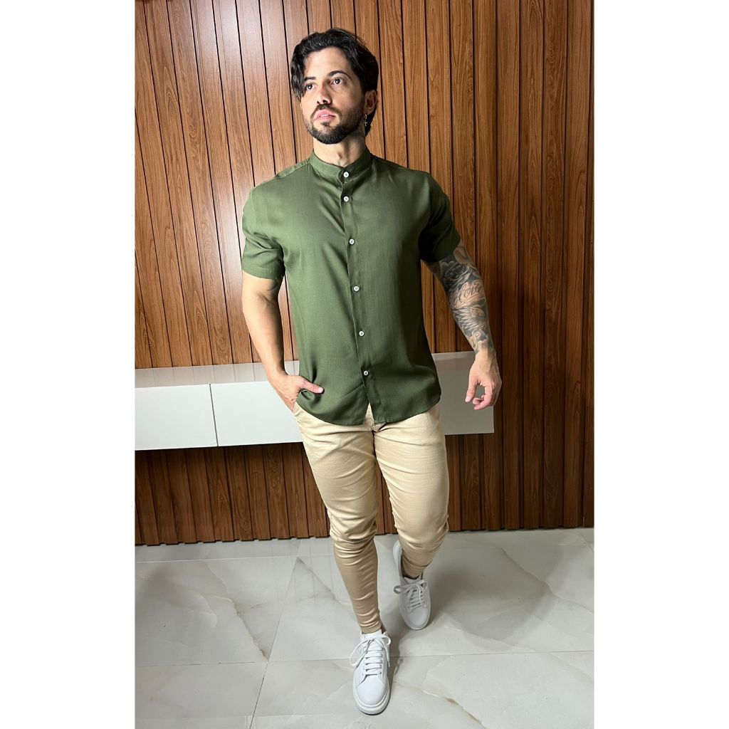 Camisa Social Masculina Manga Curta Gola Padre Aspecto de Linho - Cores Variadas - Confortável