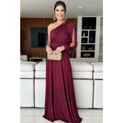 Vestido Longo Feminino Social Uma Manga Longa Festa Casamento