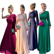 Vestido Longo Feminino Social Uma Manga Longa Festa Casamento