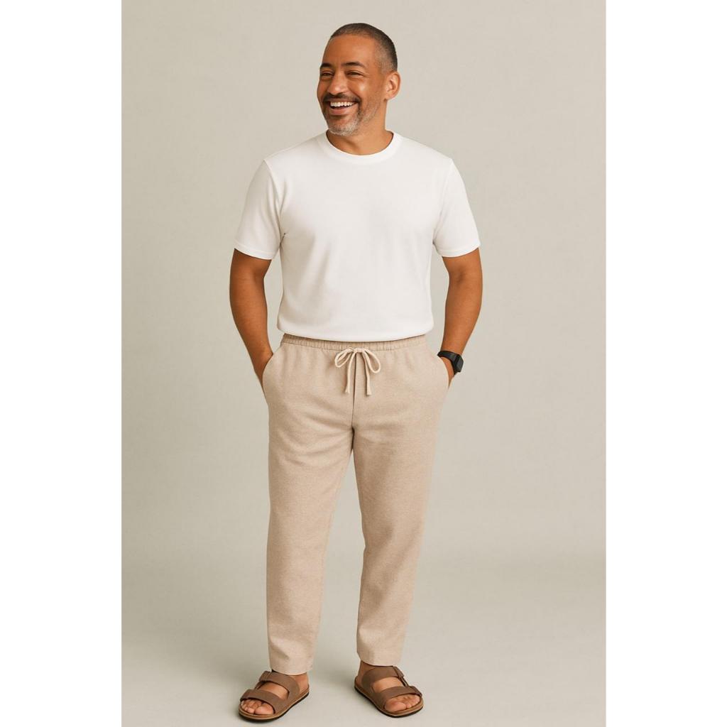 Calça Linho Leve Bege Masculina Praia Cordão Ajustável Premium Alta Qualidade