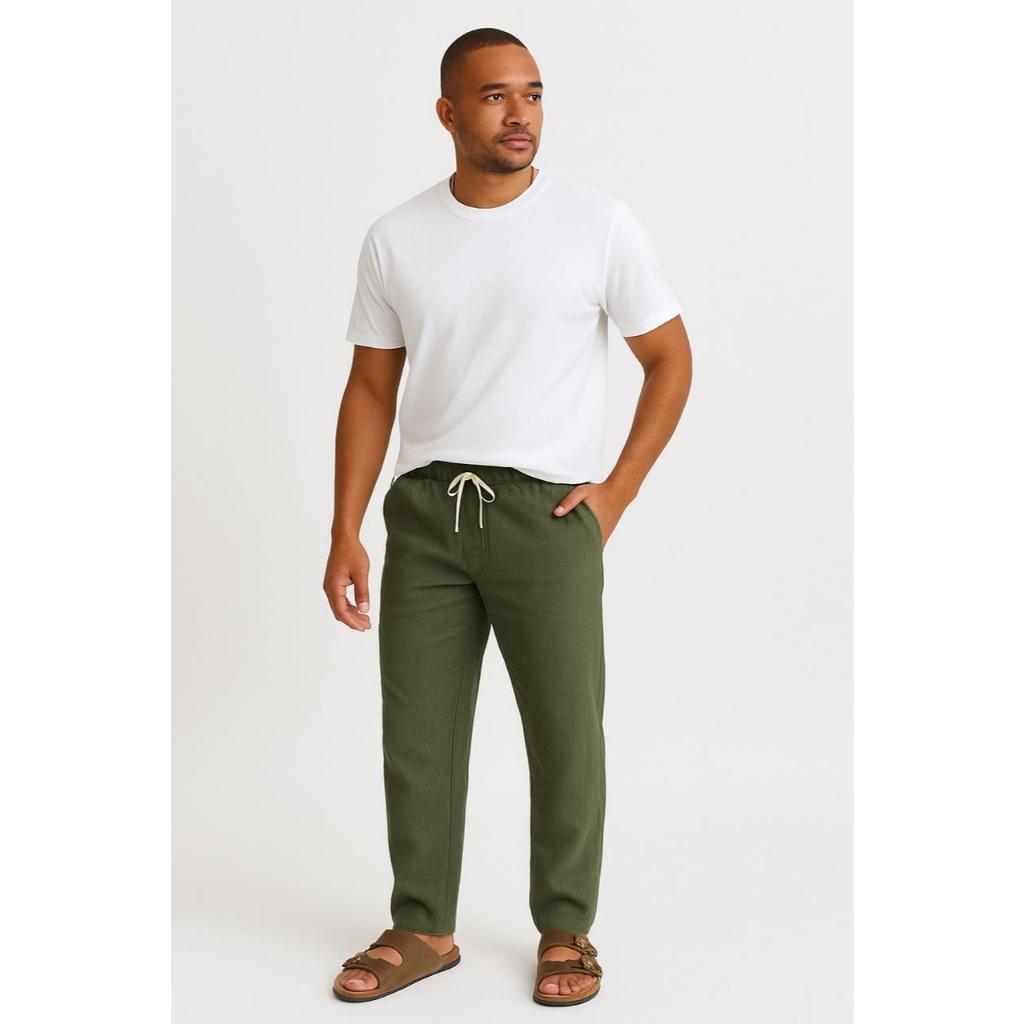 Calça Linho Leve Bege Masculina Praia Cordão Ajustável Premium Alta Qualidade