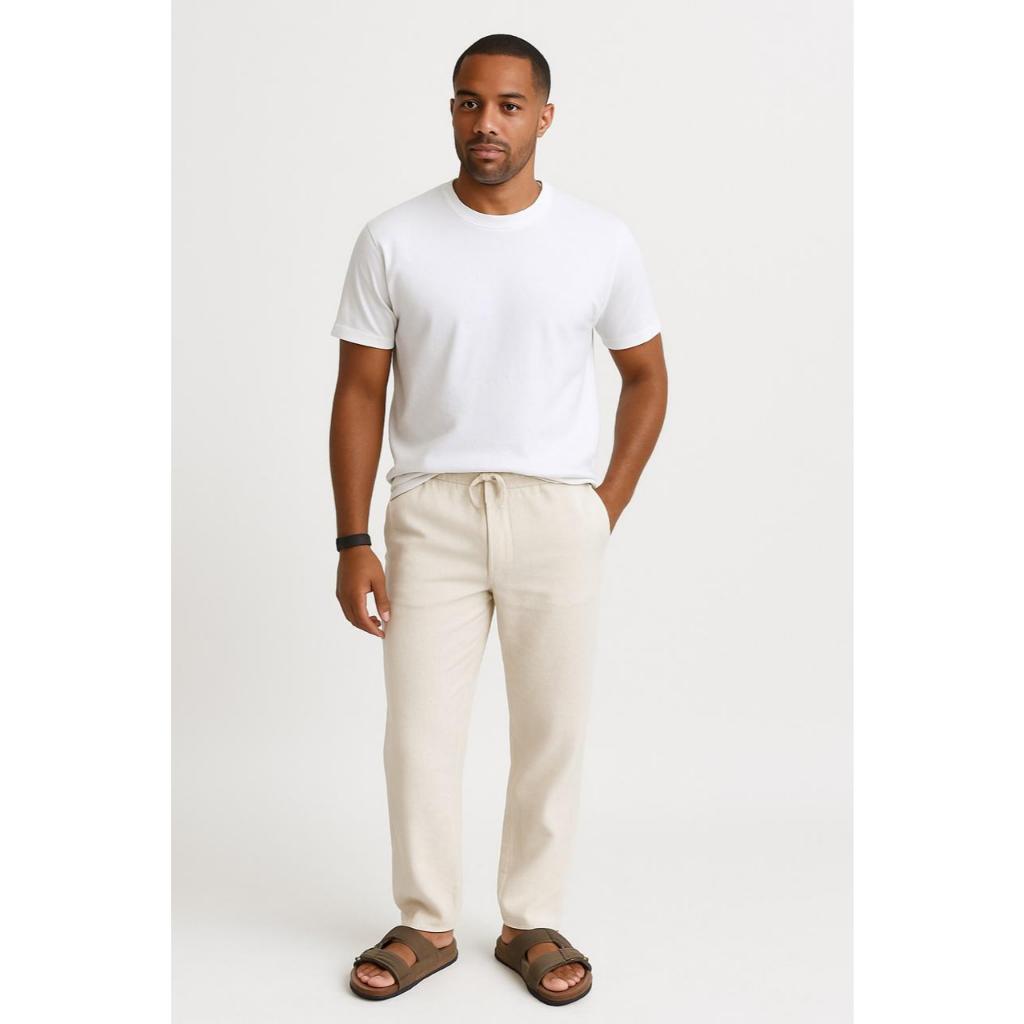 Calça Linho Leve Bege Masculina Praia Cordão Ajustável Premium Alta Qualidade