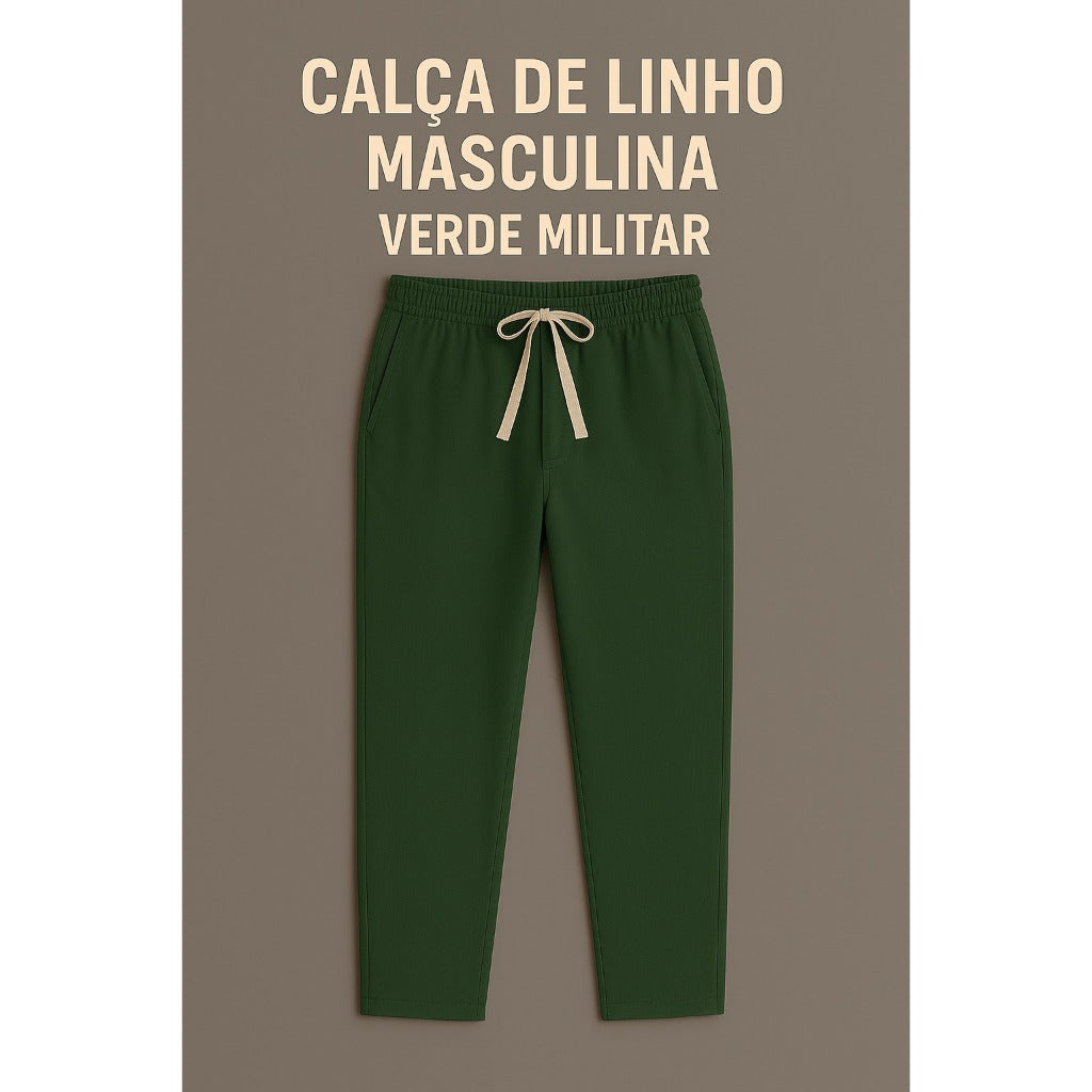 Calça Linho Leve Bege Masculina Praia Cordão Ajustável Premium Alta Qualidade