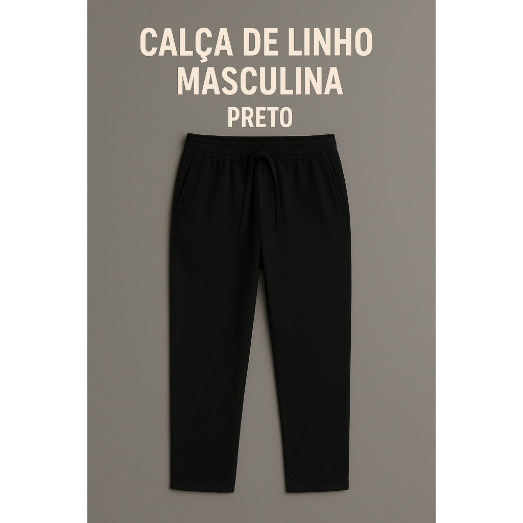 Calça Linho Leve Bege Masculina Praia Cordão Ajustável Premium Alta Qualidade