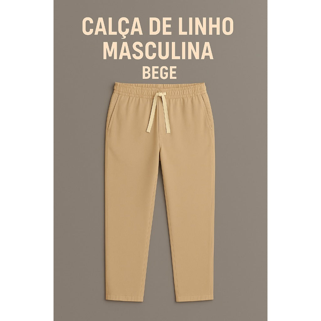 Calça Linho Leve Bege Masculina Praia Cordão Ajustável Premium Alta Qualidade