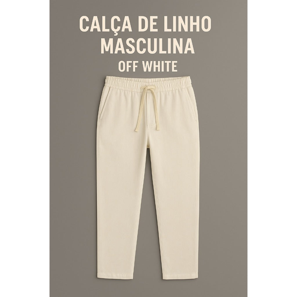 Calça Linho Leve Bege Masculina Praia Cordão Ajustável Premium Alta Qualidade