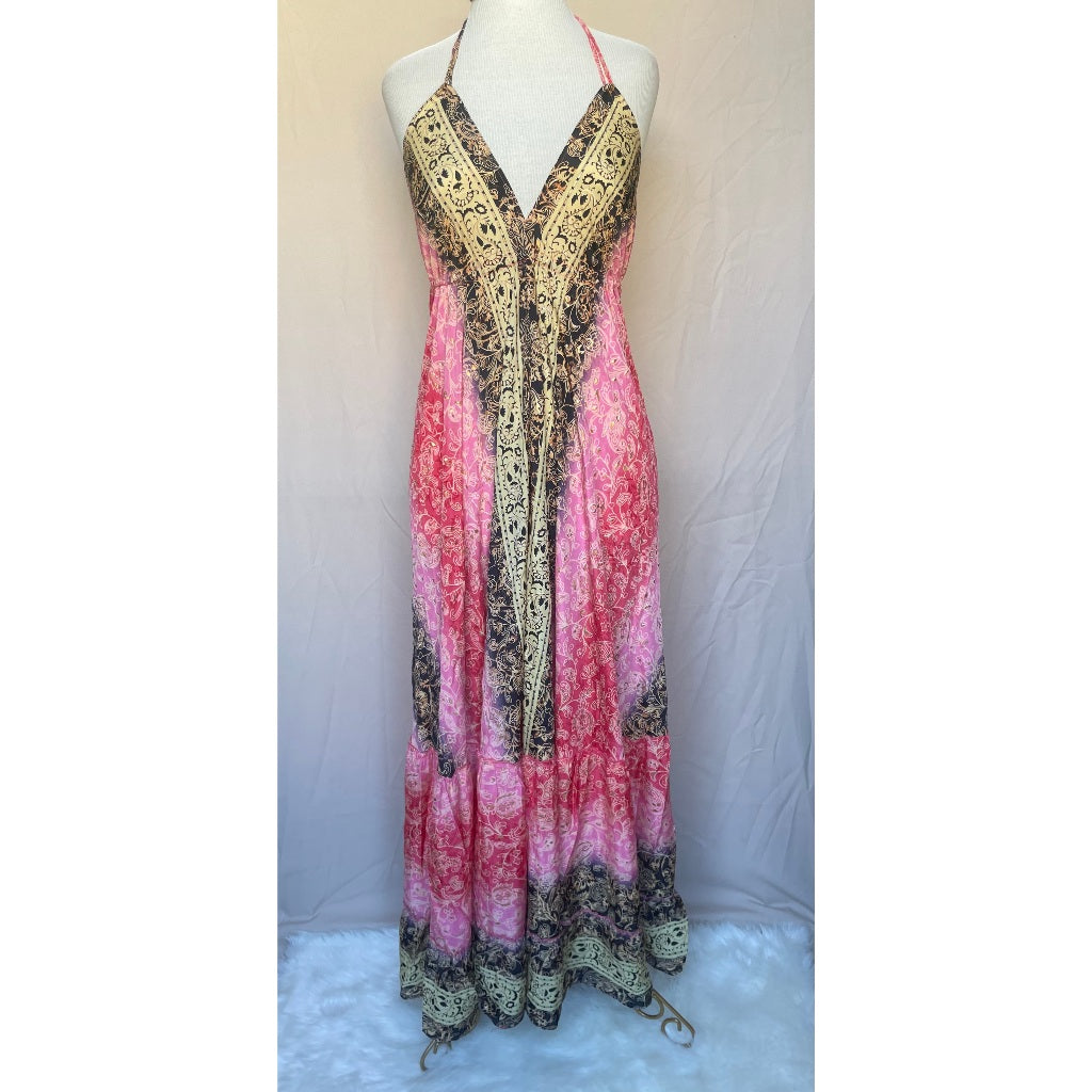 Vestido Longo Seda Indiana Frente Única Costa Nua- Estilo Boho Chic