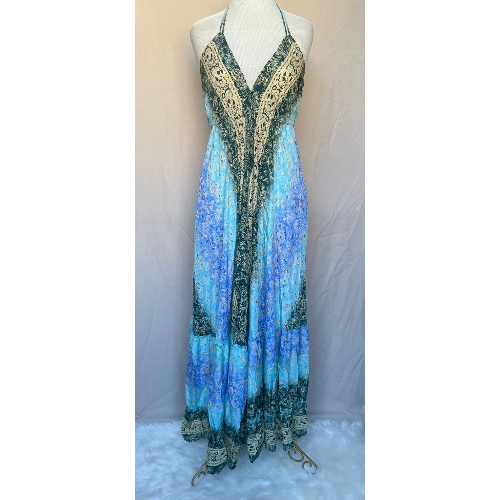 Vestido Longo Seda Indiana Frente Única Costa Nua- Estilo Boho Chic