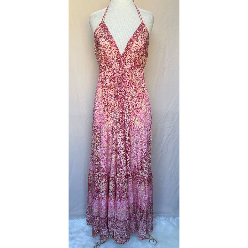 Vestido Longo Seda Indiana Frente Única Costa Nua- Estilo Boho Chic