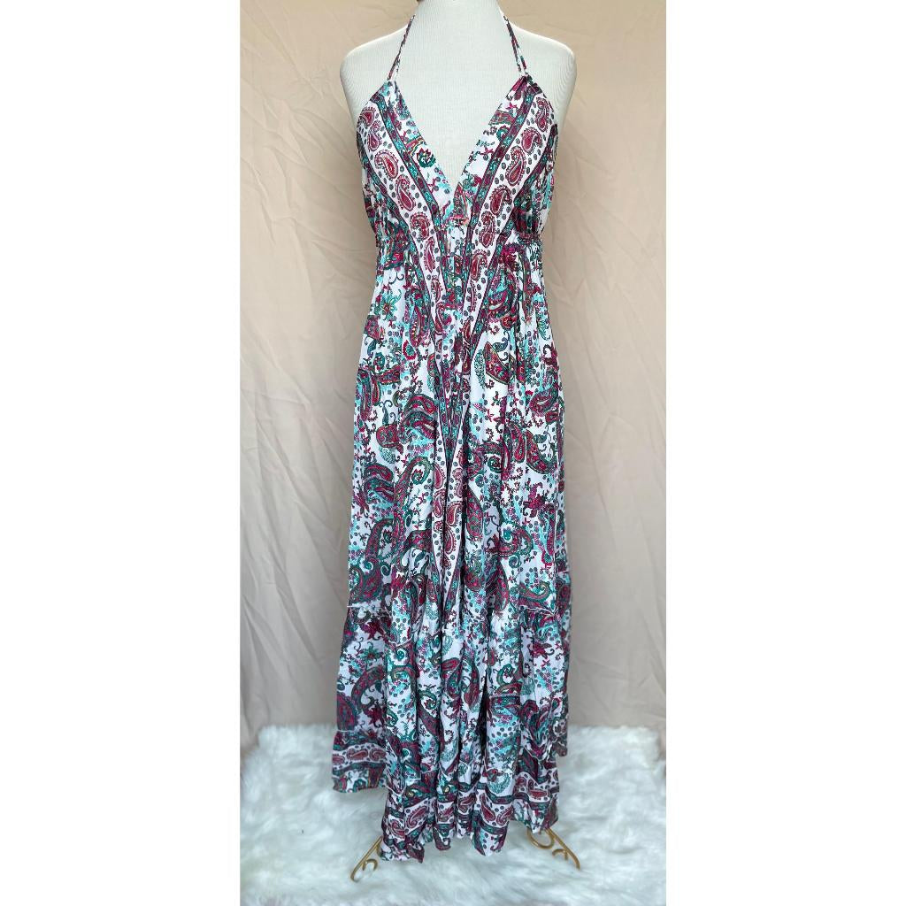 Vestido Longo Seda Indiana Frente Única Costa Nua- Estilo Boho Chic