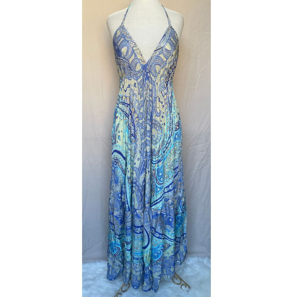 Vestido Longo Seda Indiana Frente Única Costa Nua- Estilo Boho Chic