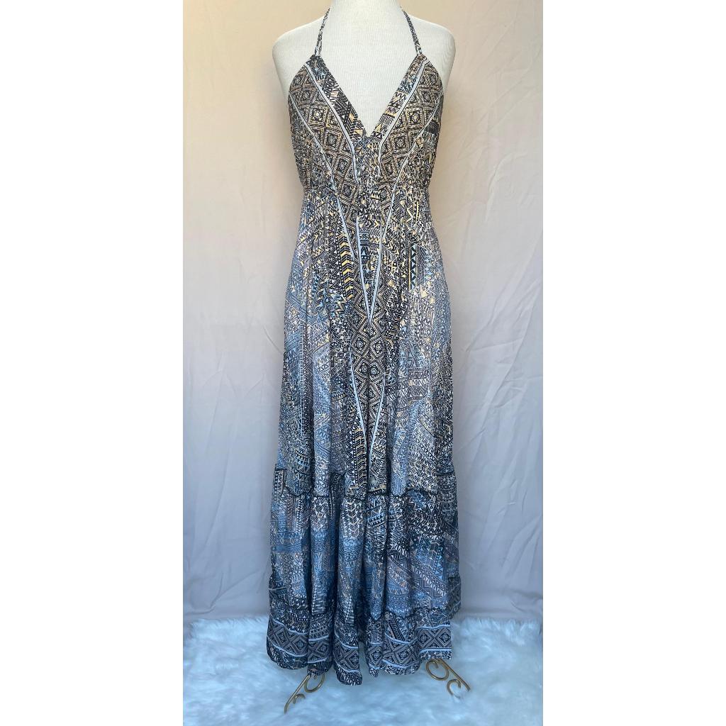Vestido Longo Seda Indiana Frente Única Costa Nua- Estilo Boho Chic