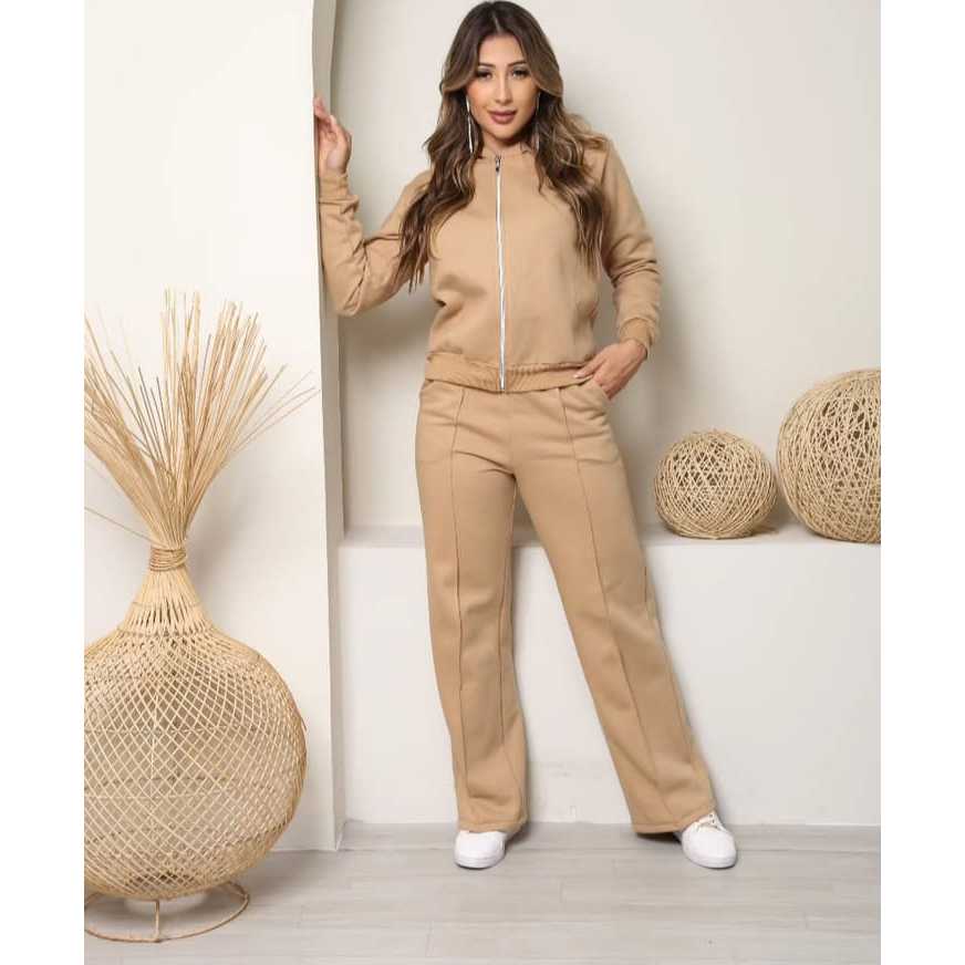 Conjunto Feminino Jaqueta com Capuz e Calça Pantalona Moletom com Elástico na Cintura - Moda Inverno
