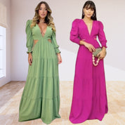 Vestido Longo Elegante Feminino Decote V Profundo Em Tecido Premium Manga Longa Casamento Madrinha Princesa Luxuoso Sexy