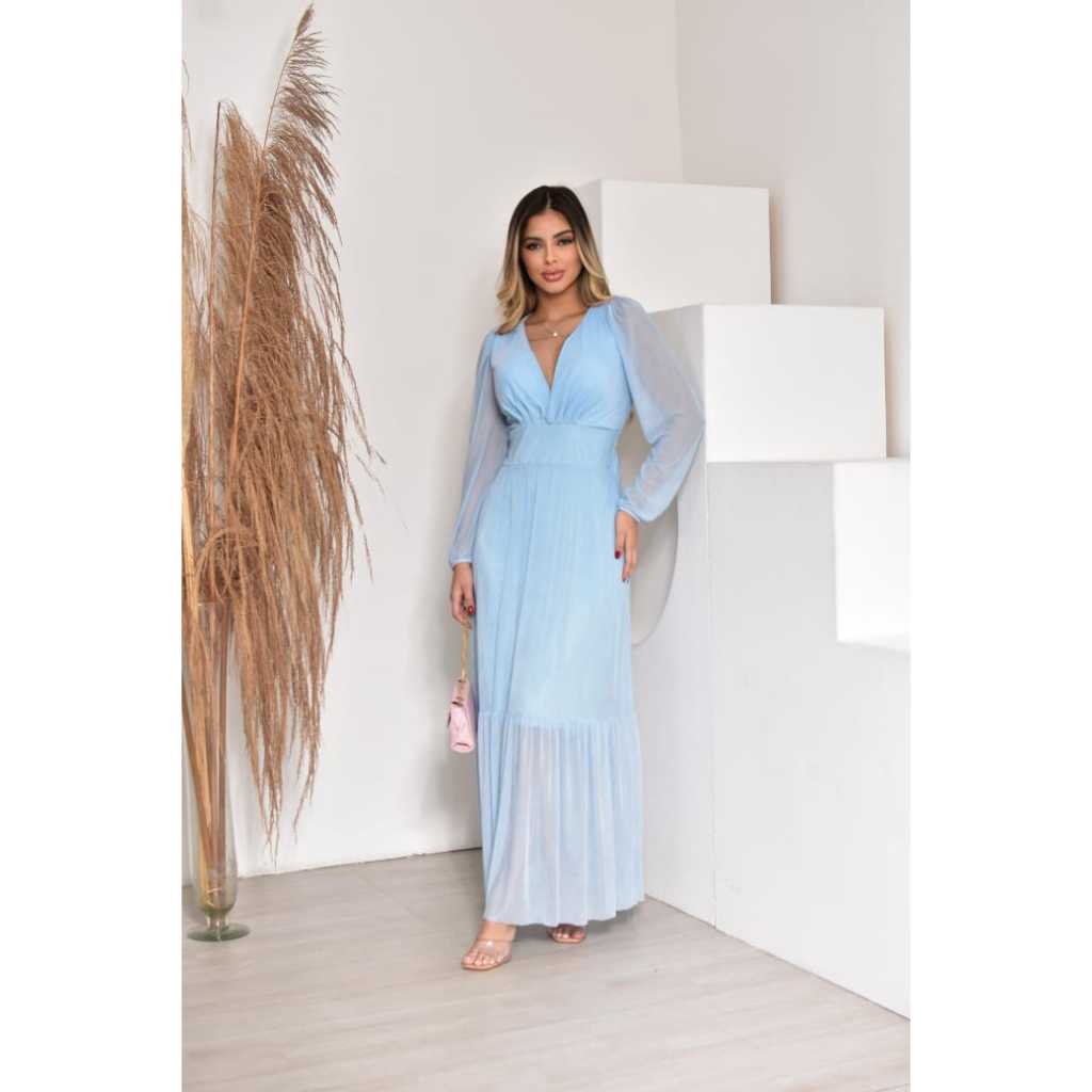 Vestido longo Feminino de tule manga longa de festa, casamento com bojo todo forrado