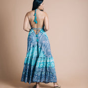 Vestido Longo Seda Indiana Frente Única Costa Nua- Estilo Boho Chic