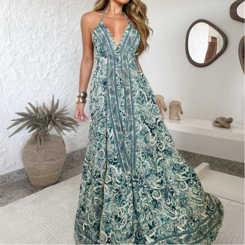 Vestido Longo Seda Indiana Frente Única Costa Nua- Estilo Boho Chic
