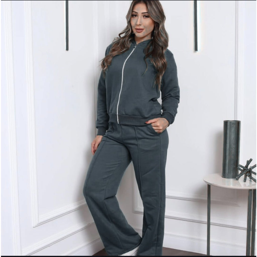 Conjunto Feminino Jaqueta com Capuz e Calça Pantalona Moletom com Elástico na Cintura - Moda Inverno